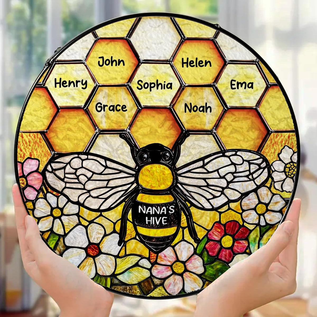 LOVELYPOD Custom Grandma’s Bee Stained Glass Sun Catcher, Personalized Window Hanging Sun Catcher