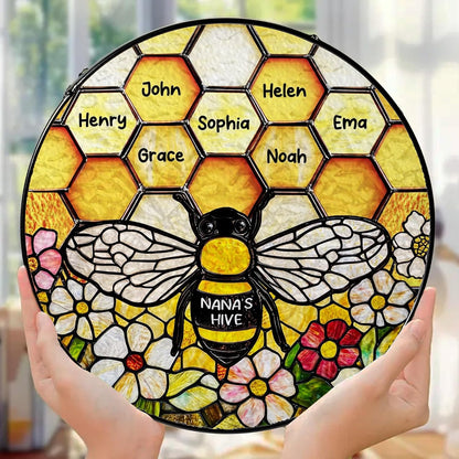 LOVELYPOD Custom Grandma’s Bee Stained Glass Sun Catcher, Personalized Window Hanging Sun Catcher