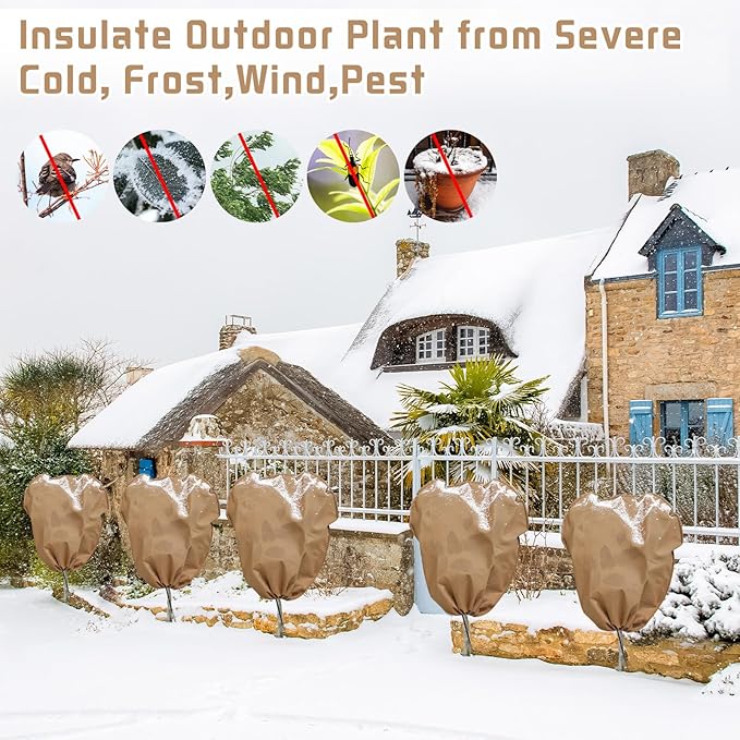 12 Pcs Winter Plant Covers Freeze Protection Reusable Plant Protector Bag with Drawstring Warm