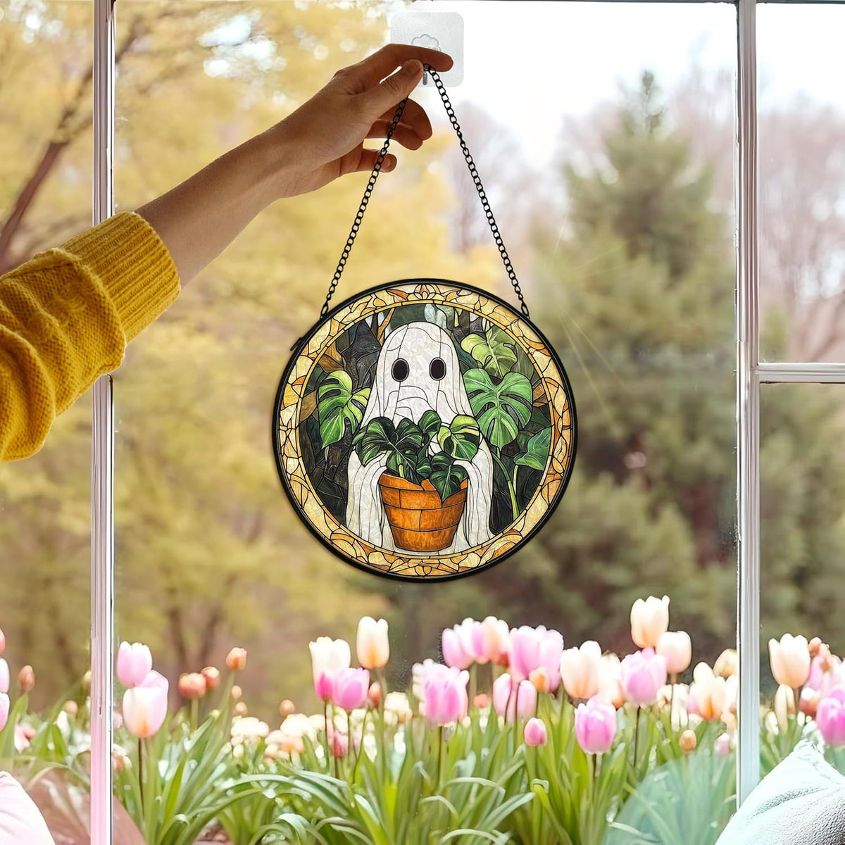 Halloween Ghost Suncatcher Stained Glass Window Hanging Decor, Cute Ghost Stained Glass Wall Decor