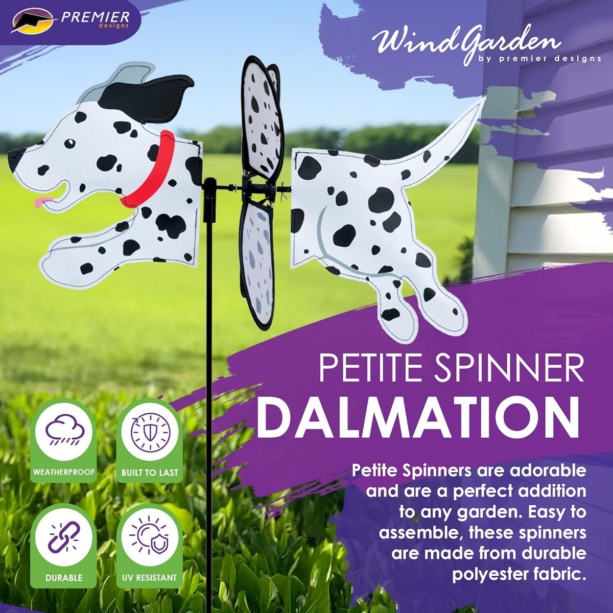 Premier Kites Petite Spinner Dalmation – Whimsical Wind Spinner for Yard & Garden, Durable