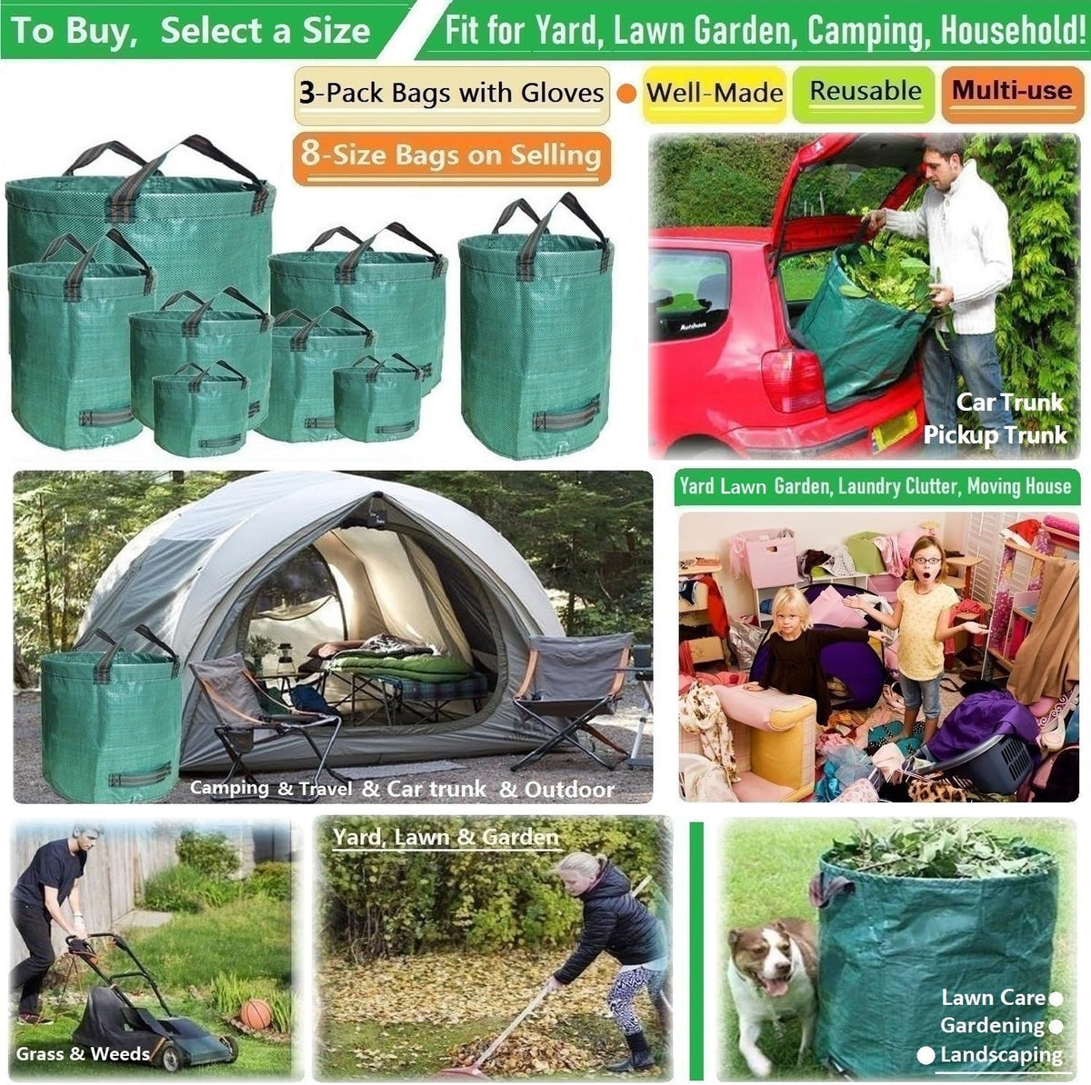 Standard 3-Pack 16 Gallons Home Garden Bags (D18, H15 inches) with Coated Gardening Gloves,Leaf