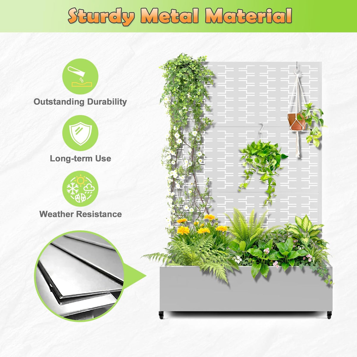 Metal Raised Garden Bed with Trellis, 2-in-1 Planter Box & Privacy Screen for Climbing Plants
