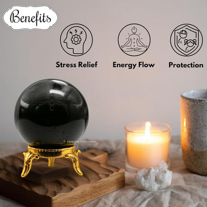 Amazing Gemstone Black Tourmaline Crystal Ball with Stand - 2" Inches Crystal Sphere Meditation