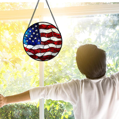 Stained Glass Window Hanging, Blue, White Red National Flag Pattern Sun Catchers Diamond Glass