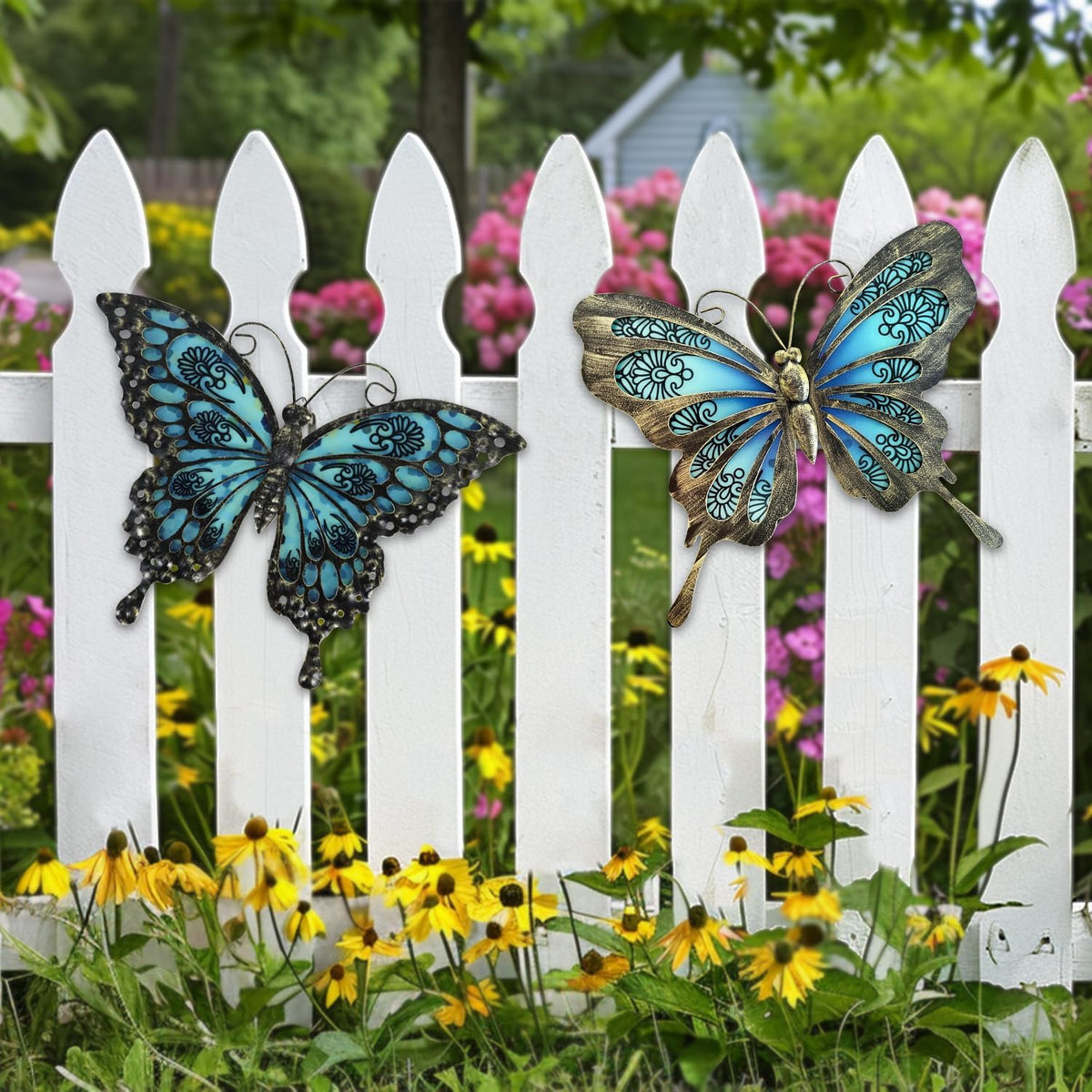 LIFFY Metal Butterfly Wall Decor,2Pack 12" Hanging Glass Butterfly Outdoor Decor,Garden Decorative