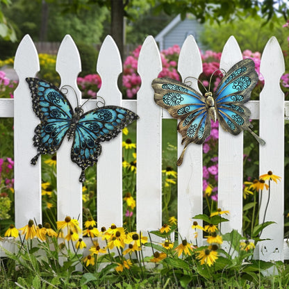 LIFFY Metal Butterfly Wall Decor,2Pack 12" Hanging Glass Butterfly Outdoor Decor,Garden Decorative