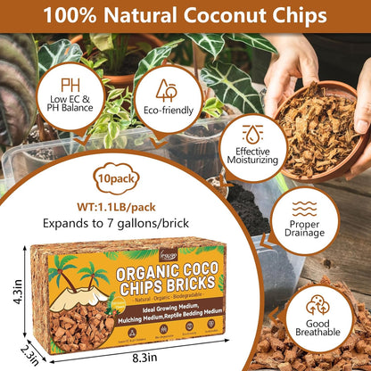 Legigo 10 Pack Coco Husk Chips- 11 LB 100% Organic Coconut Coir Chips Brick Potting Soil Mix with