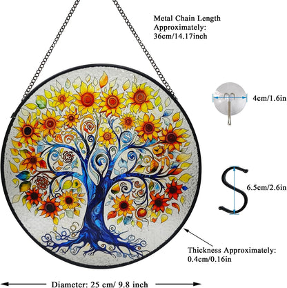 Tree of Life Stained Glass Window Hanging, Sunflower Tree Sun Catchers Indoor Window, 9.8''