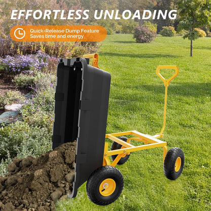 VINGLI Heavy Duty Dump Cart Wagon, 770LBS Quick-Release Dump Poly Wheelbarrow, 10in All-Terrain