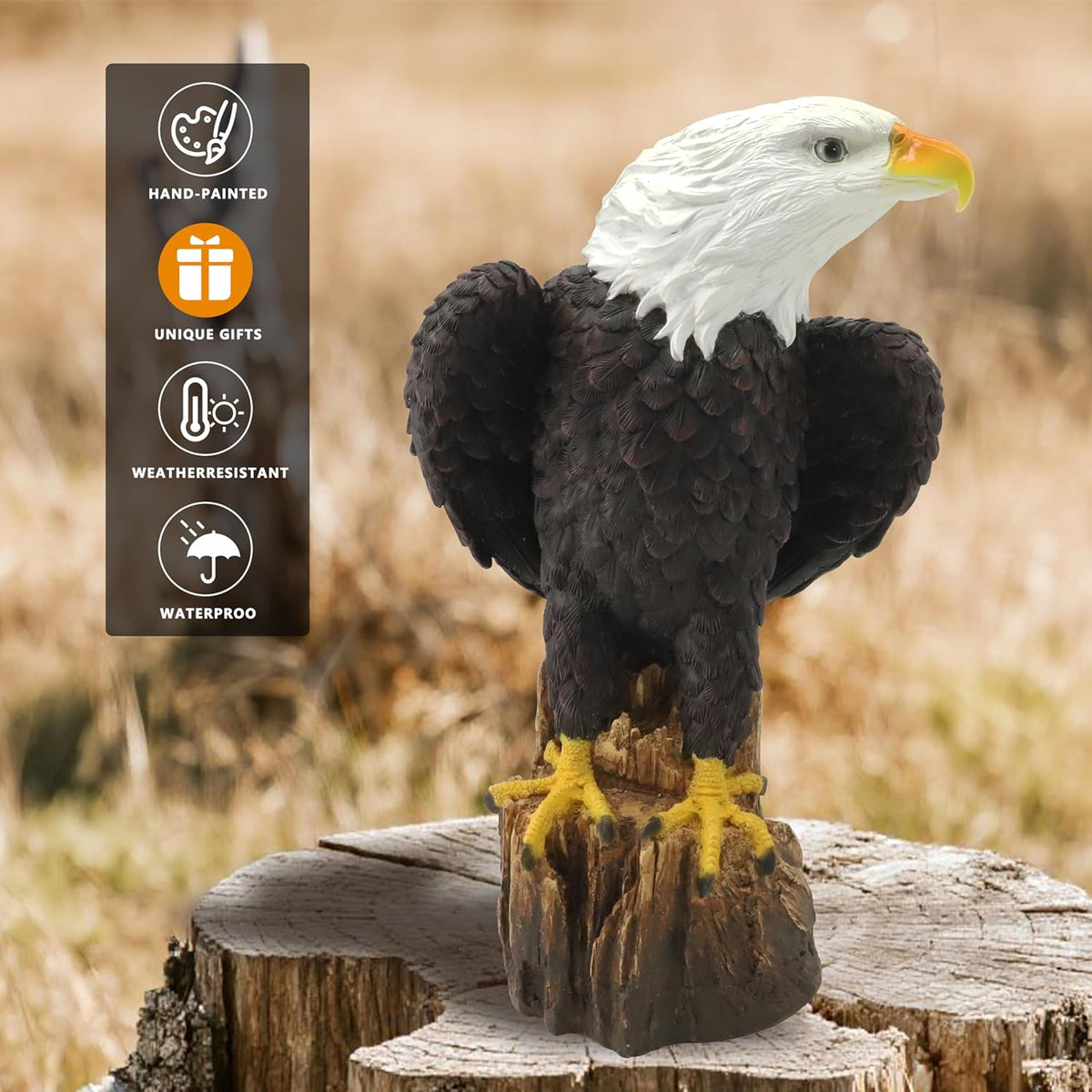Garden Sculpture Hand-Painted Bald EagleResin Statue 14.2 Inch Tall with Stump Base Realistic