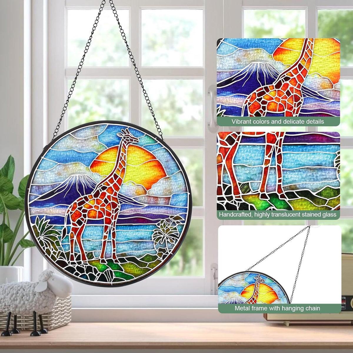 Giraffe Handmade Stained Glass Window Hanging Suncatcher with Chain - 7.9" Outdoor/Indoor Art Decor