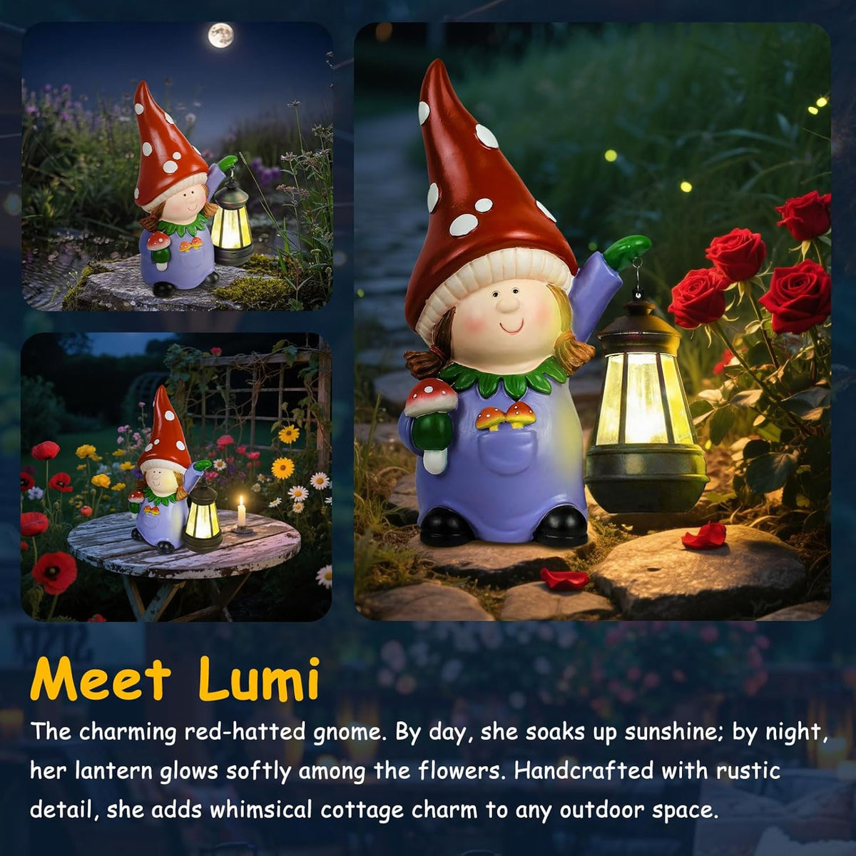 Gnome Statue Garden Ornaments Art Outdoor Decoration with Solar Powered LED Lights Decor for