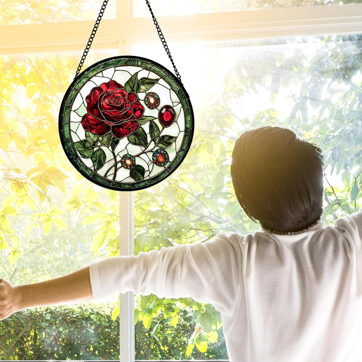 Stained Glass Window Hanging, Red Rose Gemstone Green Sun Catchers Diamond Glass Panel Hangings