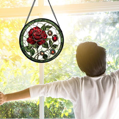 Stained Glass Window Hanging, Red Rose Gemstone Green Sun Catchers Diamond Glass Panel Hangings