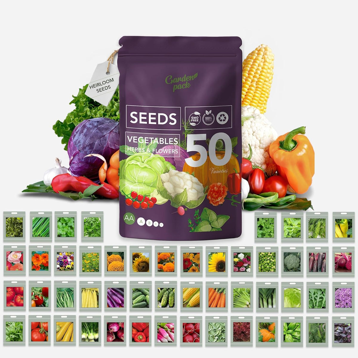 Garden Pack Seeds Pouch - 50 Varieties of Vegetable, Herb & Flower Seeds for Planting - 25,000 Non