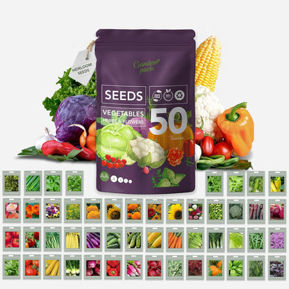 Garden Pack Seeds Pouch - 50 Varieties of Vegetable, Herb & Flower Seeds for Planting - 25,000 Non