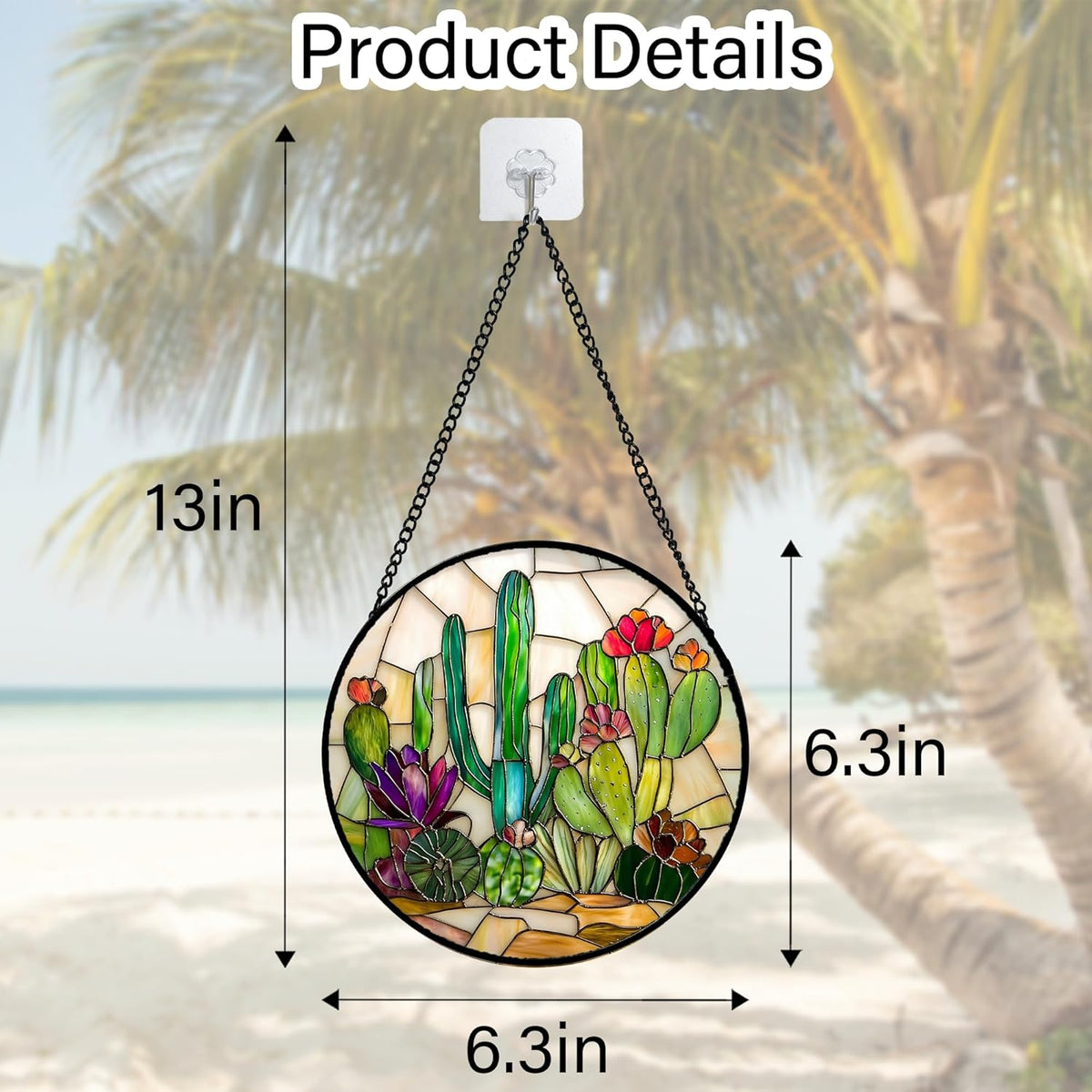 Stained Glass Window Hanging, White Green Cactus Suncatcher Diamond Glass Panel Hangings Sun