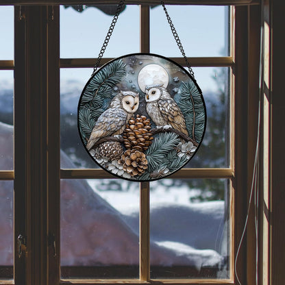 Stained Glass Window Hanging - Owl On A Tree Suncatcher for Doors Garden Patio Winter Scene Sun