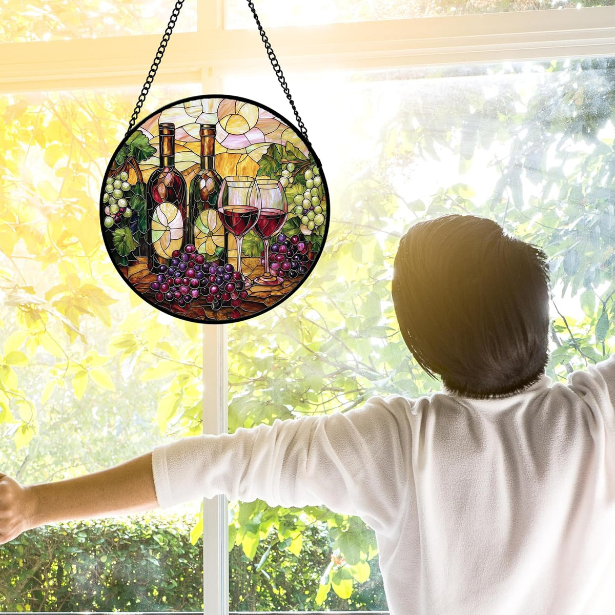 Stained Glass Window Hanging, Grapes and Wine Suncatcher Diamond Glass Panel Hangings Sun Catchers