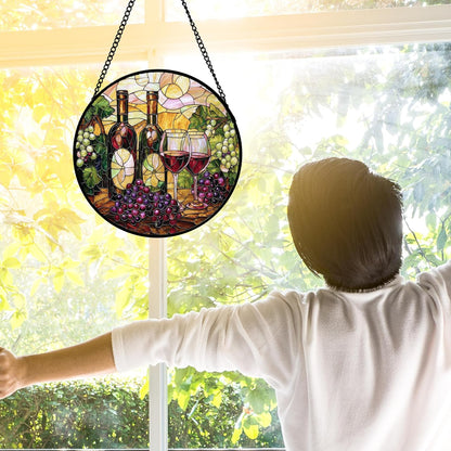 Stained Glass Window Hanging, Grapes and Wine Suncatcher Diamond Glass Panel Hangings Sun Catchers