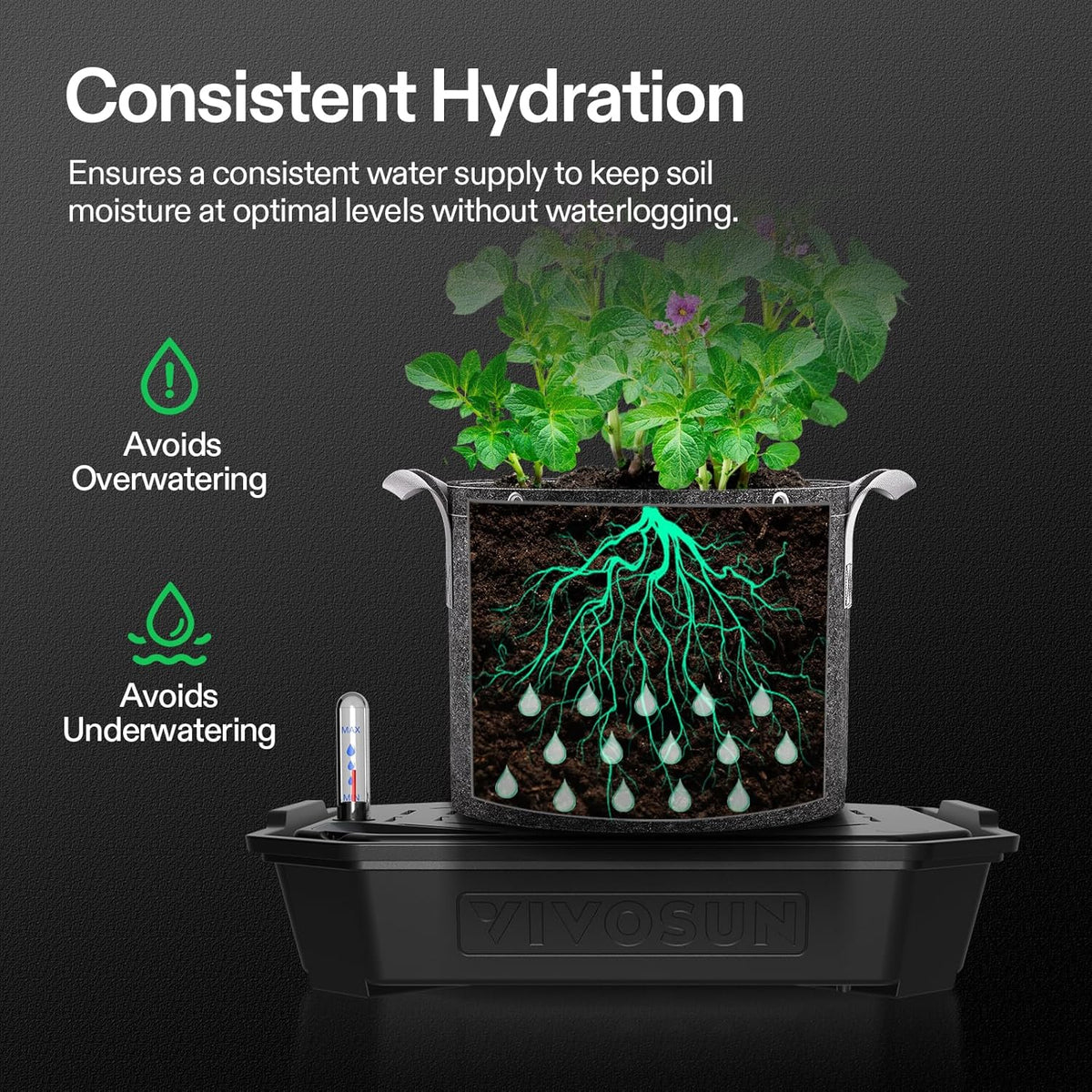 VIVOSUN 4-Pack FlexFeed Self-Watering Pots, Auto Irrigation Fabric Pot Base with Water Meter &
