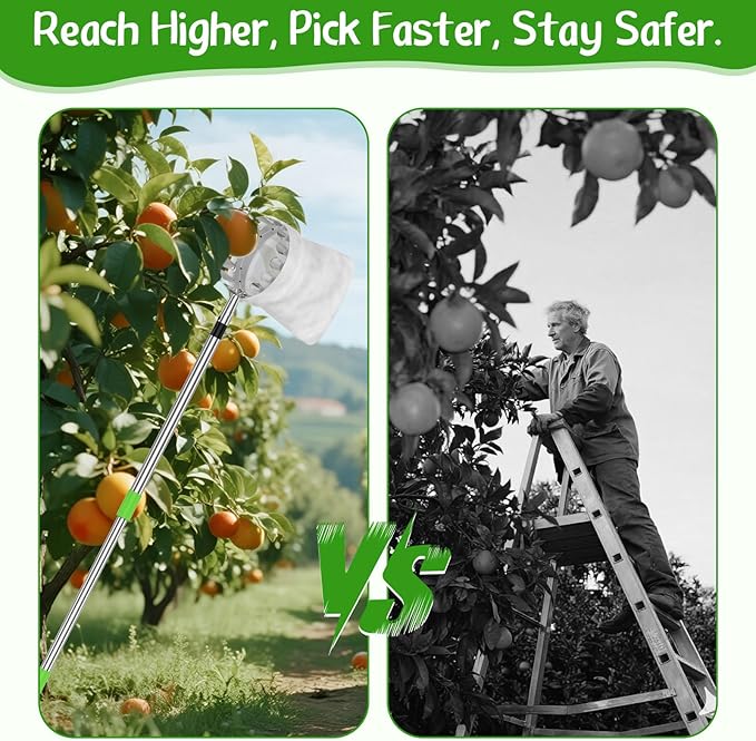6.6 FT Fruit Picker Tool with Stainless Steel Pole & Soft Cloth Basket – Lightweight Tree Fruit
