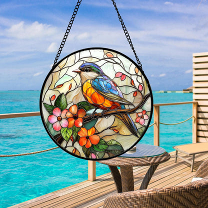 Stained Glass Window Hanging, Blue Bird Pink Flower Suncatcher Diamond Glass Panel Bird Sun