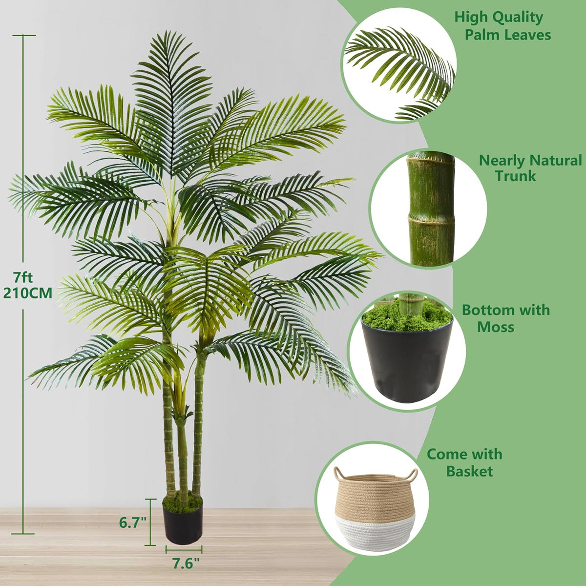 Artificial Palm Tree, 7ft Fake Areca Palm Plant with Basket, Large Faux Phoenix Palm UV Resistant