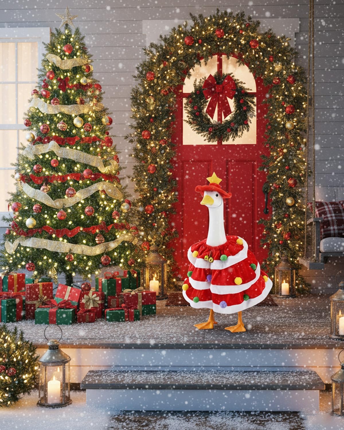 Christmas Porch Goose Outfits with Bells, 2 Pcs/Set Lawn Cement Goose Clothes, 23" Patio Yard