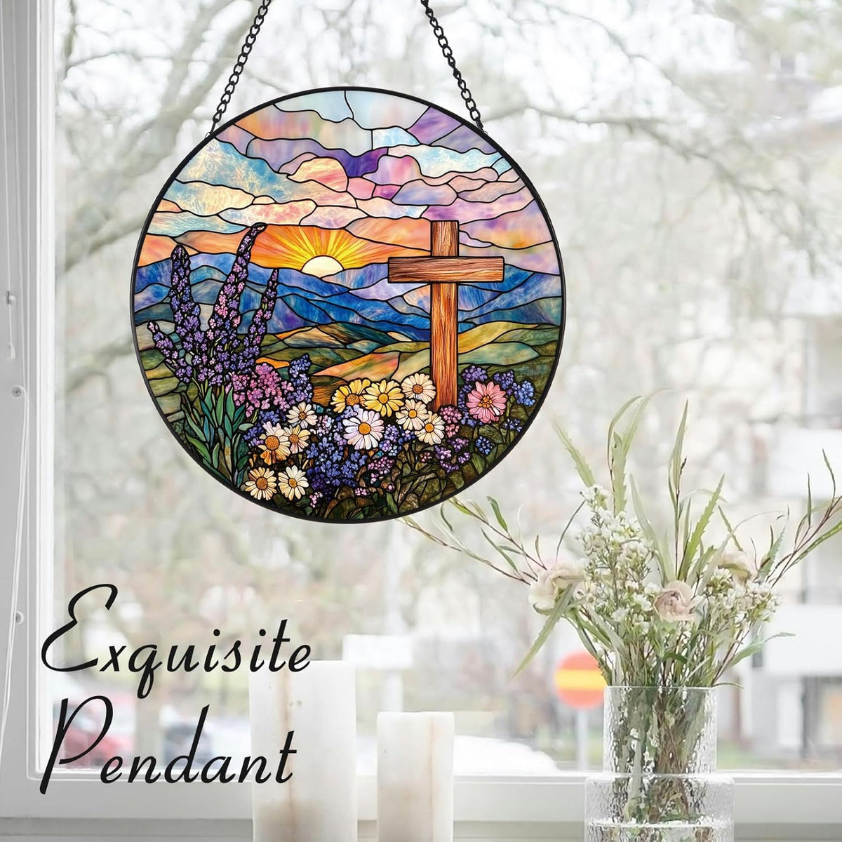 Wildflowers and Crosses Suncatcher -7.9 in Stained Glass Window Hanging Sun Catcher Garden Decor