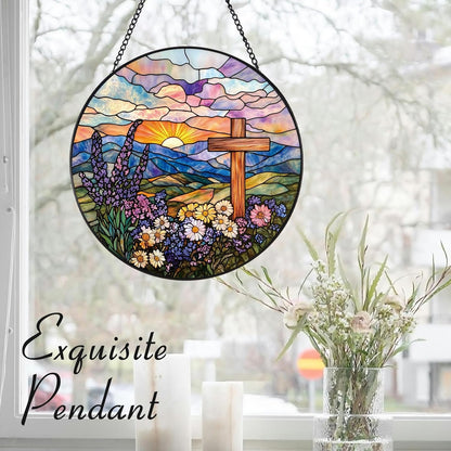 Wildflowers and Crosses Suncatcher -7.9 in Stained Glass Window Hanging Sun Catcher Garden Decor