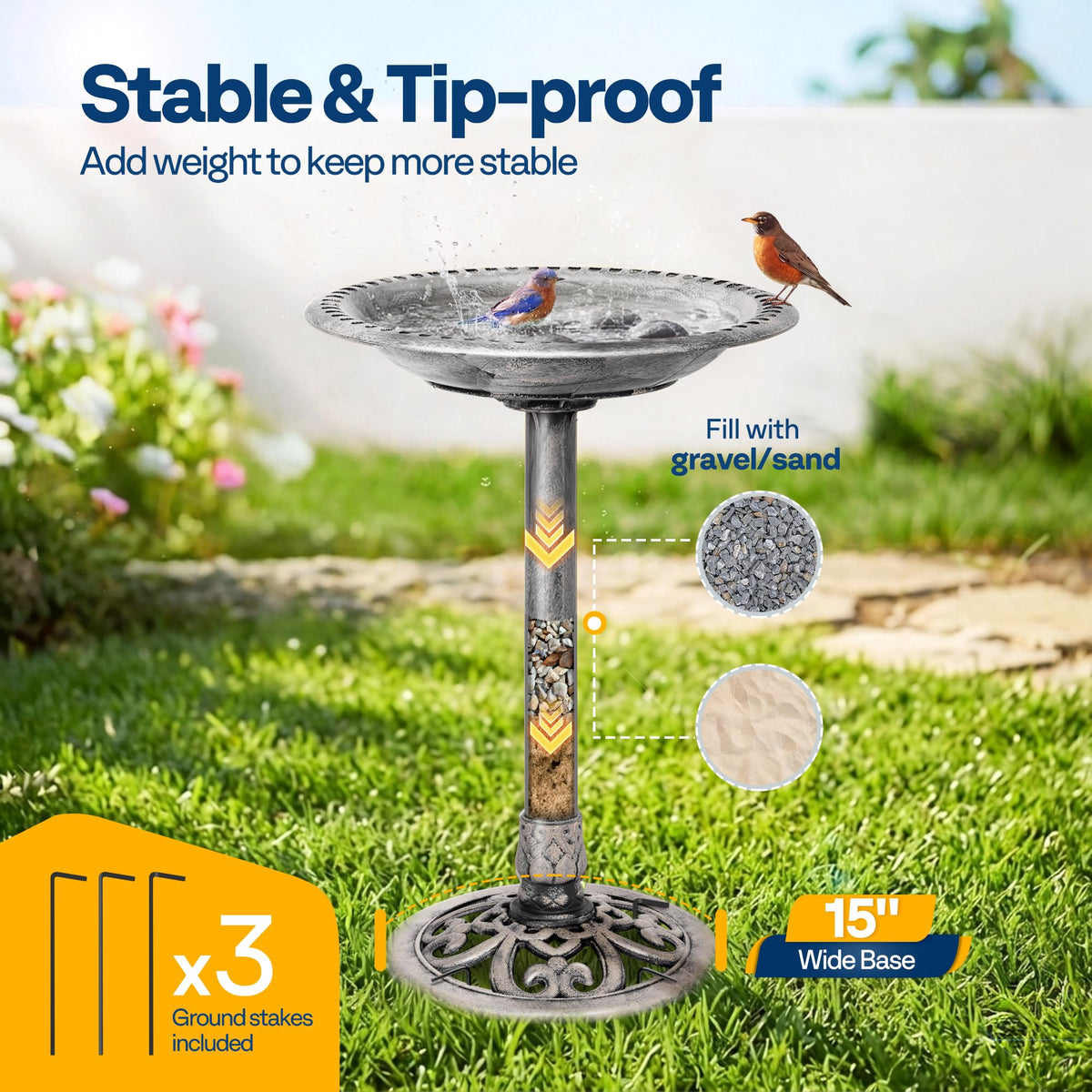 VIVOHOME Bird Bath for Outside, Polyresin Pedestal Birdbath, Gray