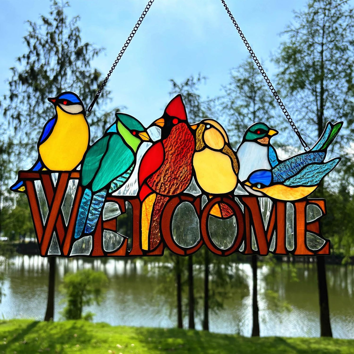 6 Birds Stained Glass Welcome Sign for Front Door Window Hanging Suncatcher, Handmade Tiffany Style