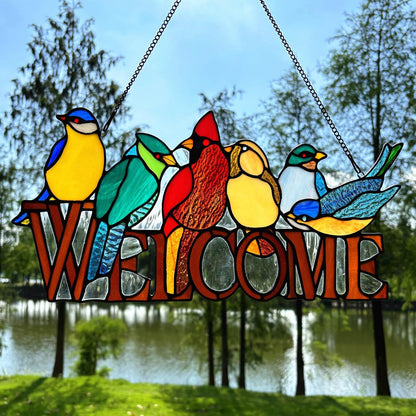 6 Birds Stained Glass Welcome Sign for Front Door Window Hanging Suncatcher, Handmade Tiffany Style