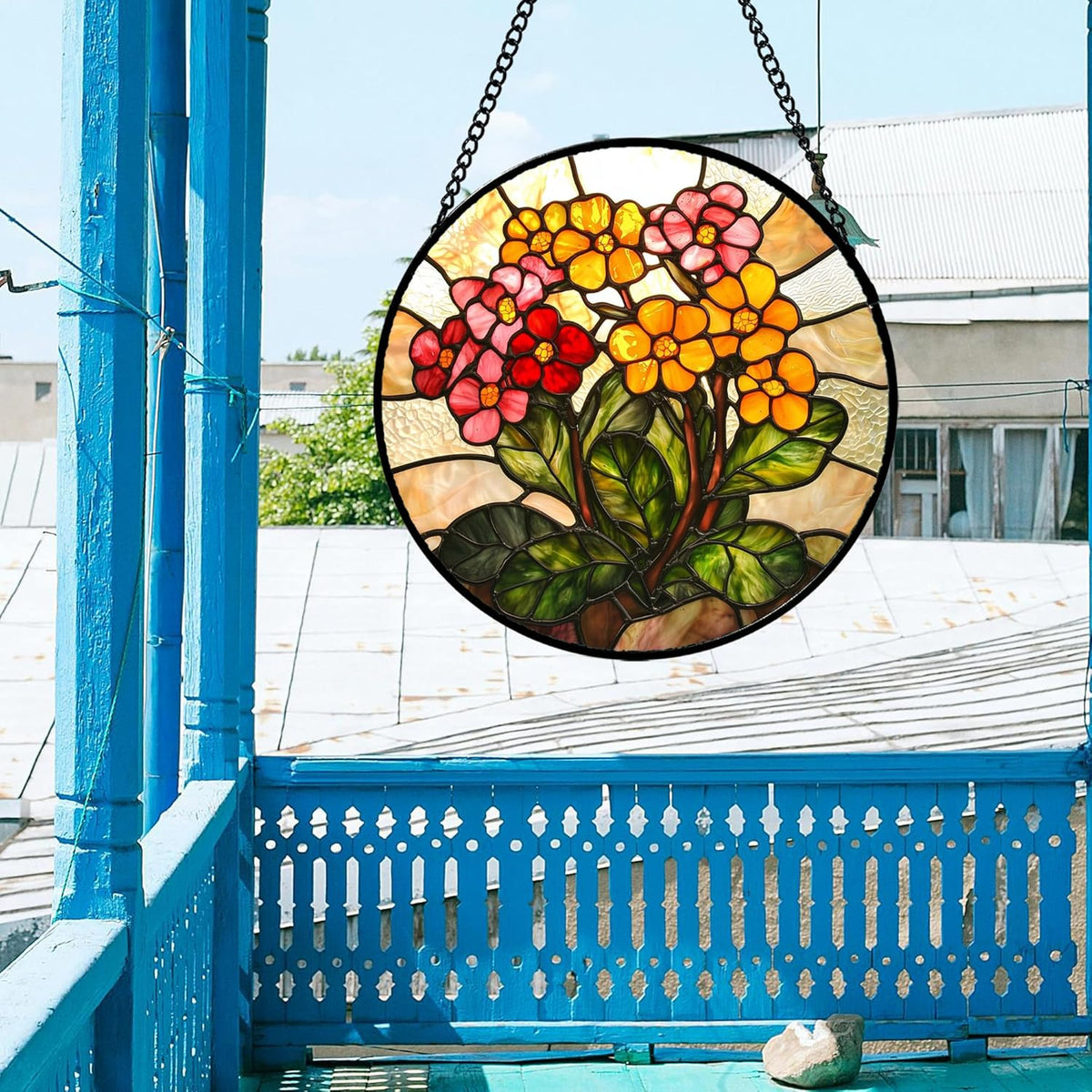 Stained Glass Window Hanging, Yellow Red Flowers Sun Catcher for Window Door Home Decor Green Plant
