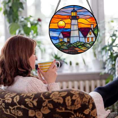 Stained Glass Window Hanging - Sea Lighthouse Suncatcher for Door Terrace Garden Home Decor Sunset
