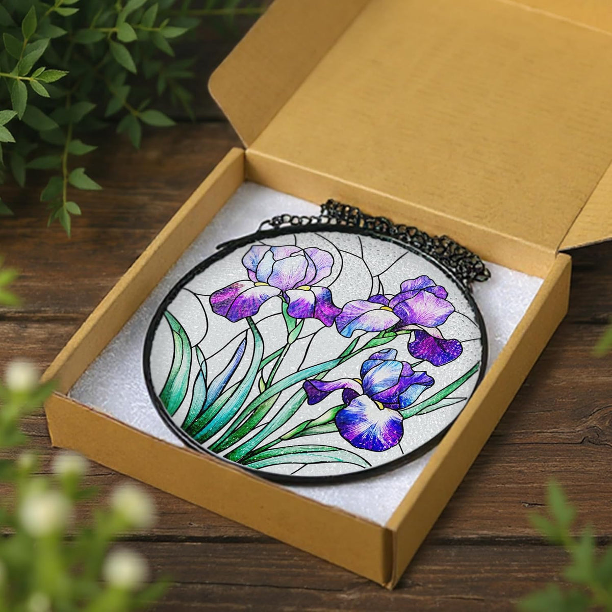 Stained Glass Window Hanging, 8 Inch Purple Irises Stained Glass Suncatcher, Flower Sun Catchers