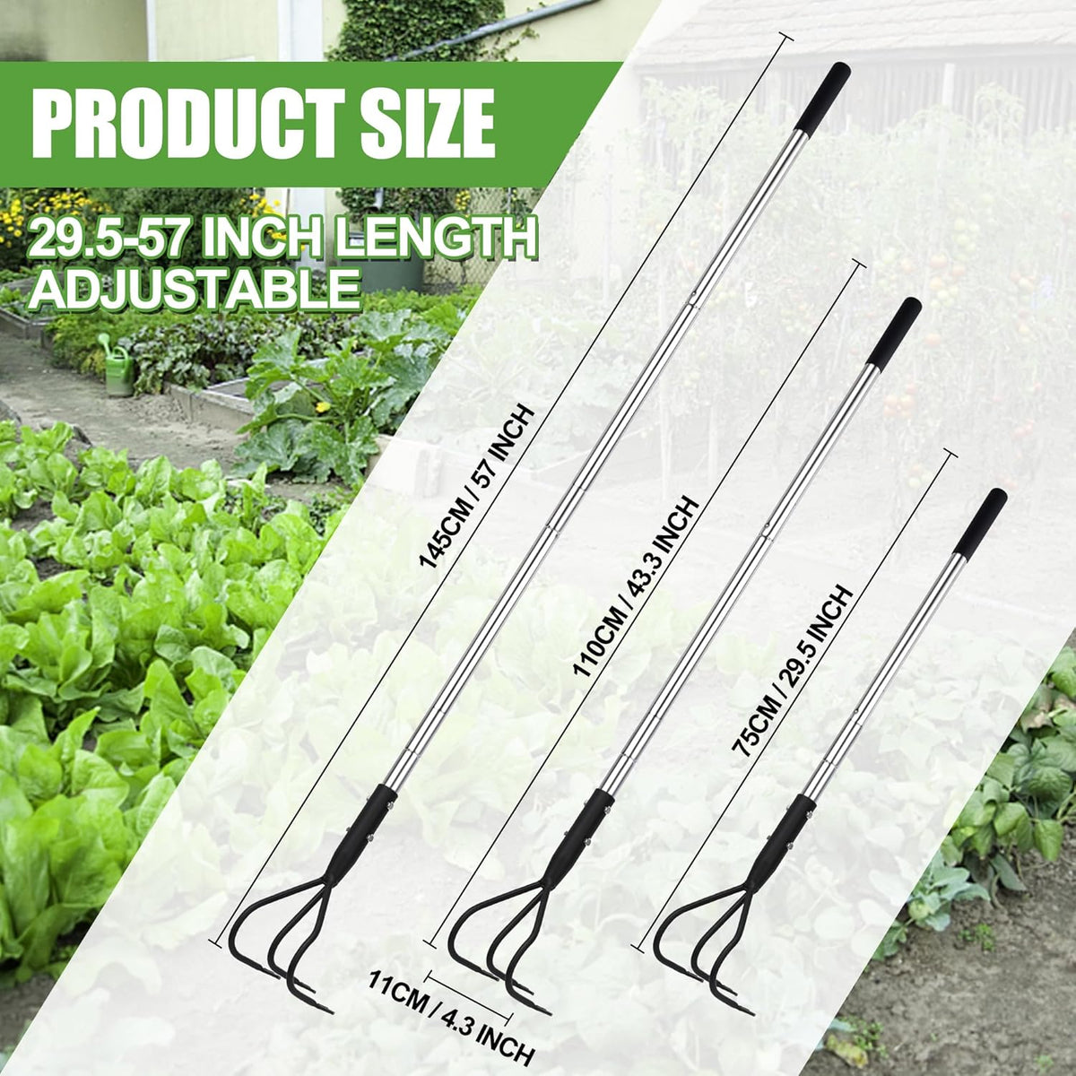 3-Tine Long Handle Tiller, Garden Cultivator with 55"-15.5" Adjustable Handle, for Loosening Soil
