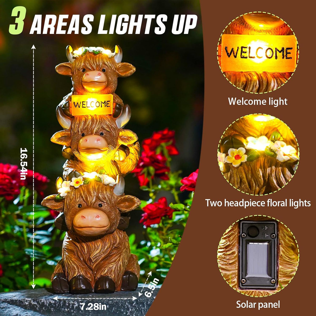 16 in Large Garden Highland Cow Statue Solar Garden Sculptures & Statues with Flower Decoration