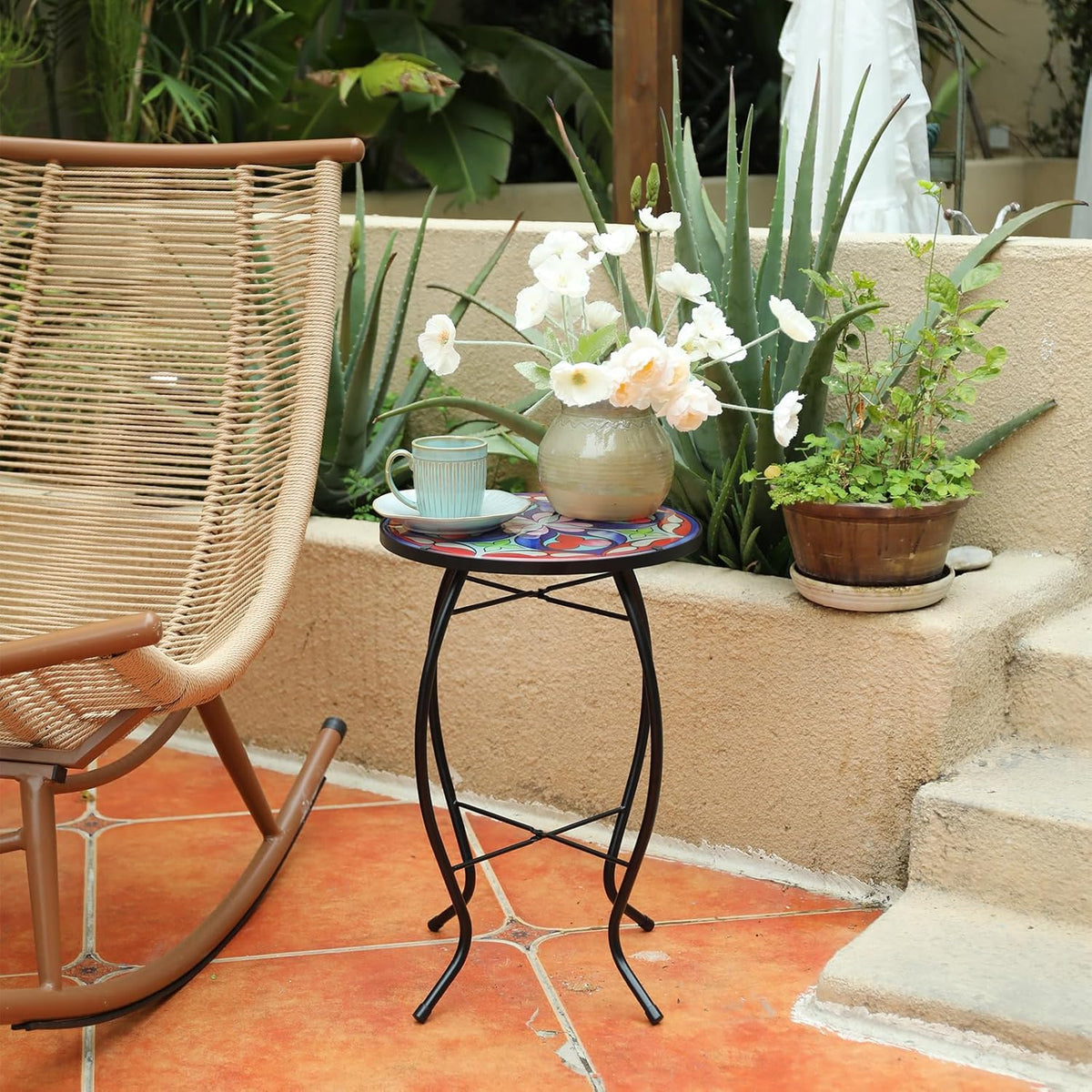 MUMTOP Side Patio Tables-Mosaic Outdoor Side Table - 14’’ Symmetrical Pattern Glass Accent Round