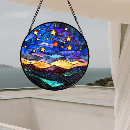 Stained Glass Window Hanging, Blue Sky Gold Stars Abstract Landscape Suncatcher for Doors Window