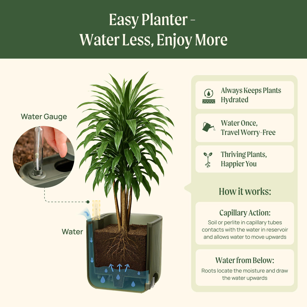 15 Inch Self-Watering Planter for Indoor Plants – Large Modern Plant Pot with Built-In Water