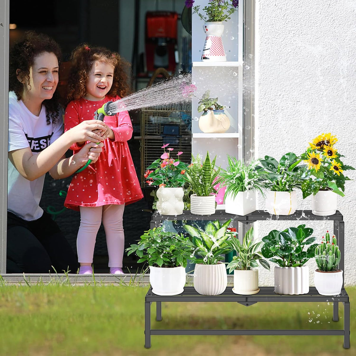 2 Tier Plant Stand Indoor Outdoor, Heavy Duty Metal Tall Plant Shelf for Multiple Flower Planter