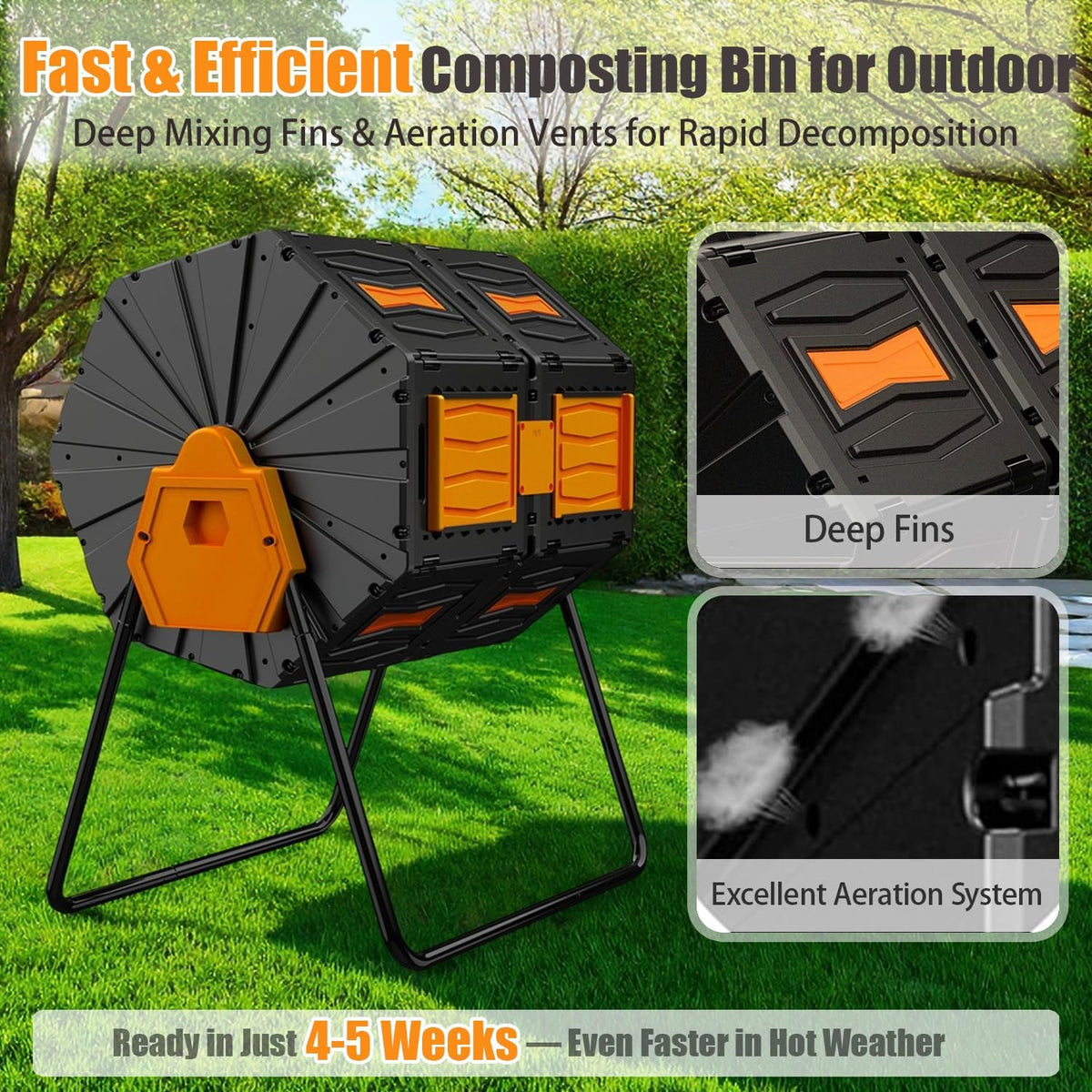 Compost Bin, 45 Gallon Dual Chamber Composter Tumbler, 360 Rotating Compost Bin Outdoor BPA-Free