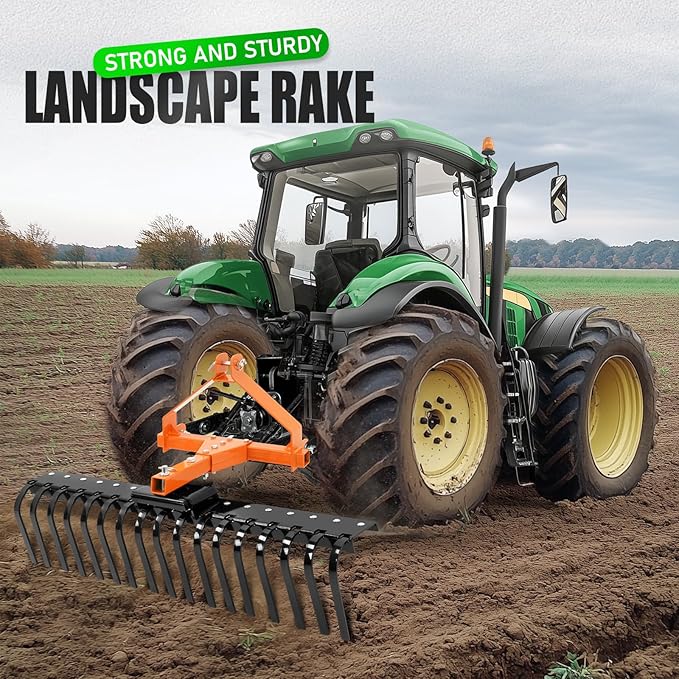 KUAFU 50" 3 Point Landscape Rock Rake for Category-0 Cat-0 Tractor with 360° Rotation Replaceable
