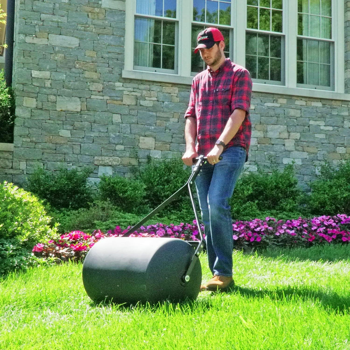 Brinly PRC-241BH-A 270 lb. Combination Push/Tow Poly Lawn Roller with Easy-Turn Tethered Plug, 18