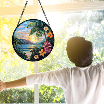 Stained Glass Window Hanging, Colorful Landscape Suncatcher for Doors Home Sun Catchers Decoration
