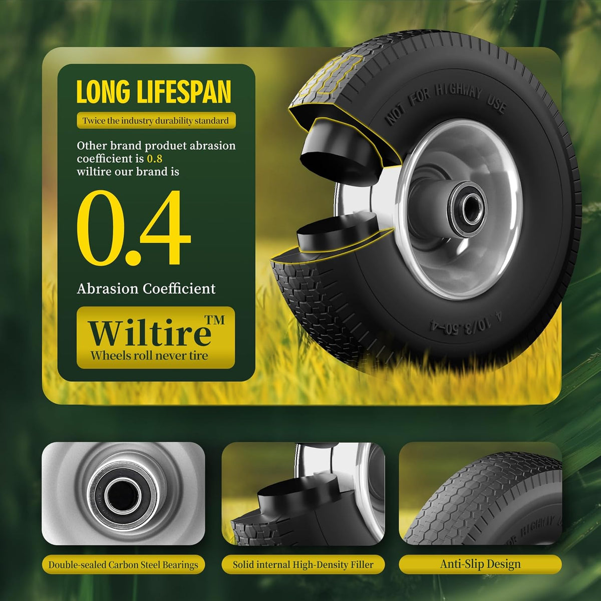 (2 Pack) 4.10/3.50-4 Flat Free Tire and Wheel 10-Inch Solid Wheel Replacement with 5/8 Extra 3/4