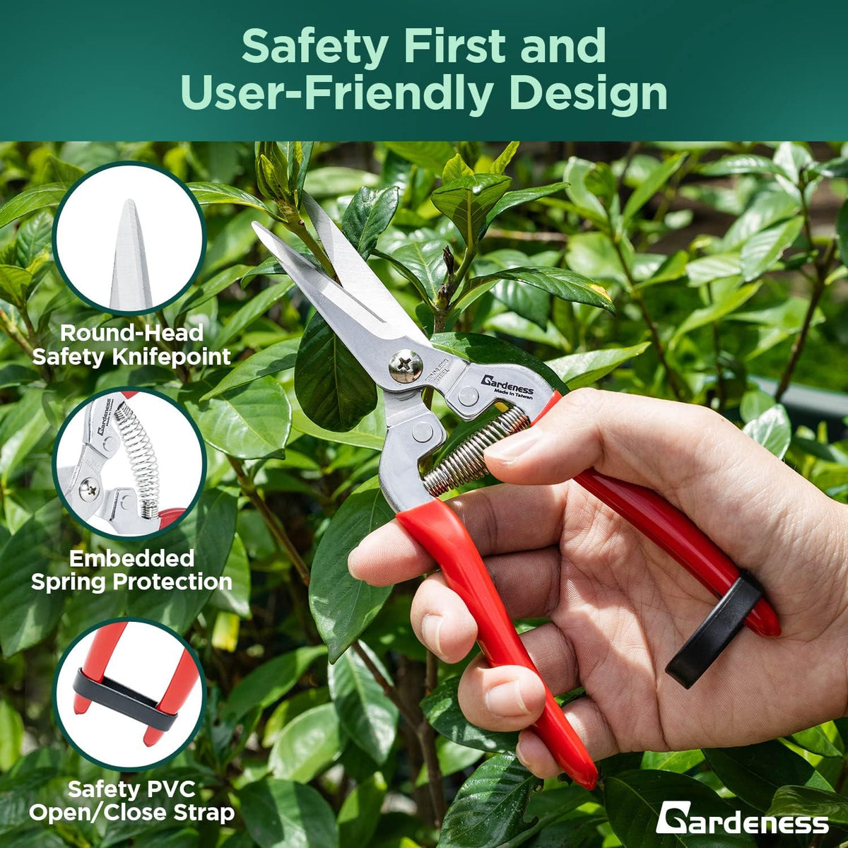 Gardeness Pruning Shear Straight Pruning Snip with Stainless Steel Serrated Blade, Adjustable Joint